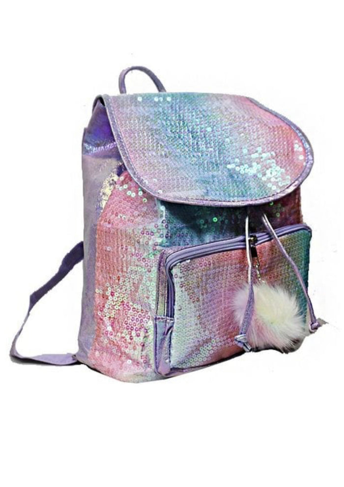 PURPLE SEQUIN BACK PACK WITH POM POM