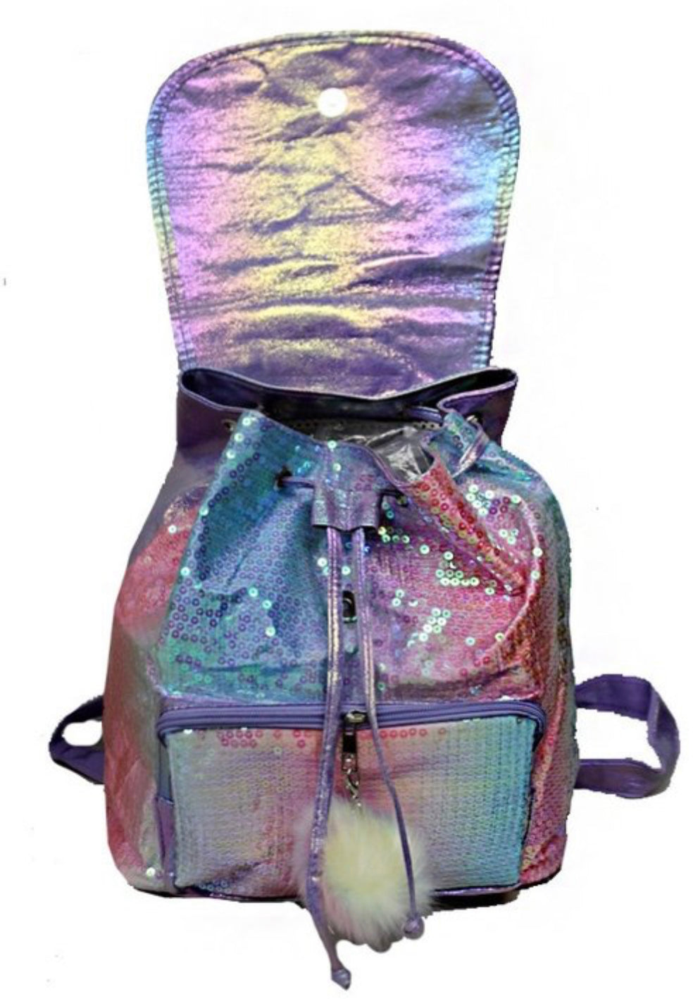 PURPLE SEQUIN BACK PACK WITH POM POM