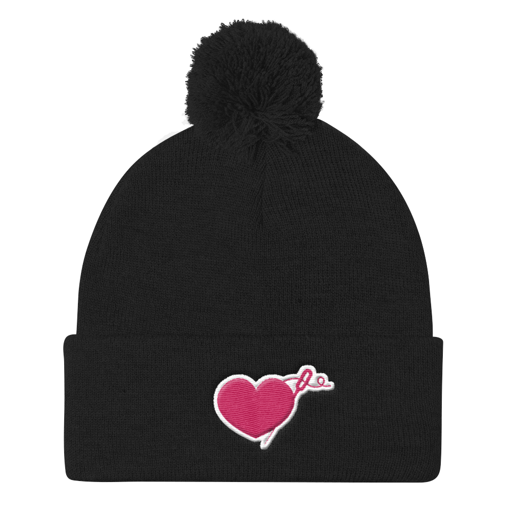 HEART AND NEEDLE POM POM BEANIE