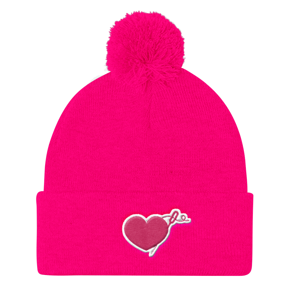 HEART AND NEEDLE POM POM BEANIE